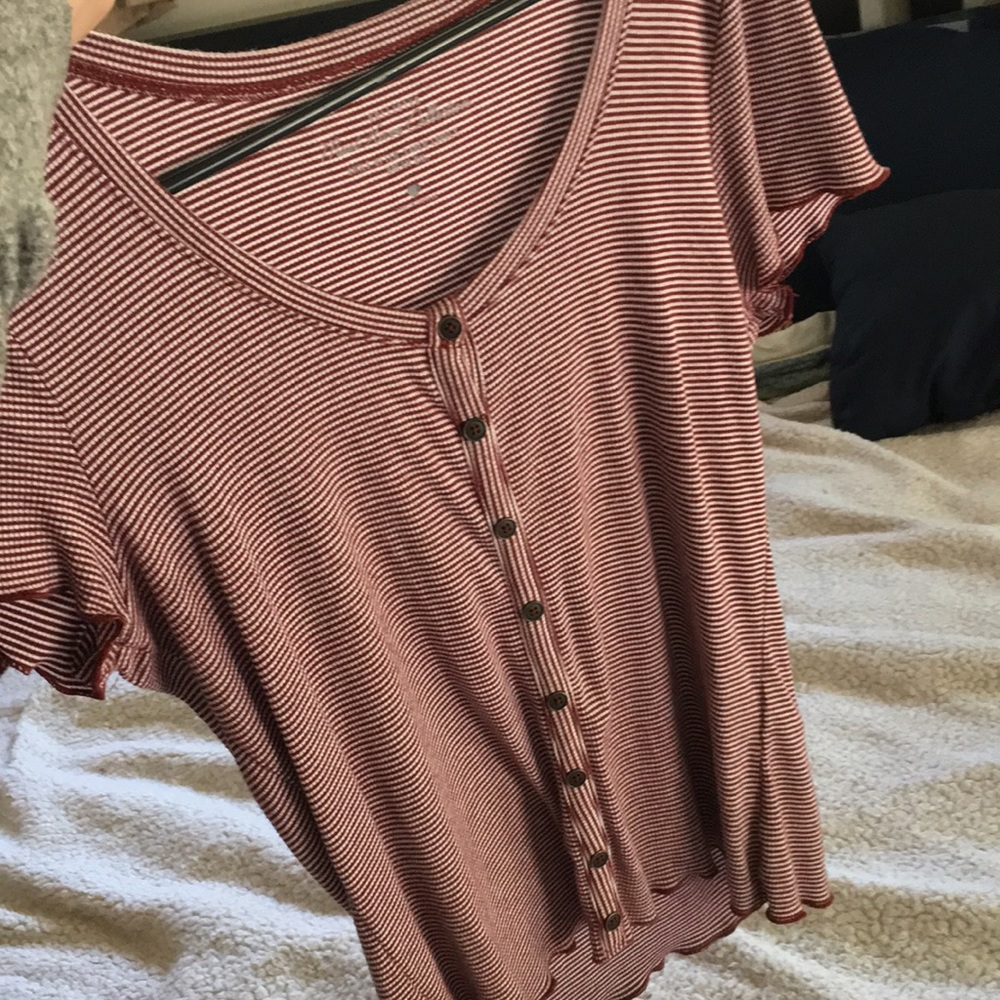 Maroon and white stripped button up tee shirt!!